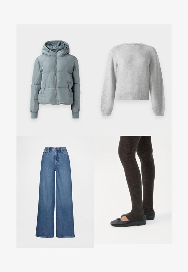 Lyseblå polstret hættejakke med fuld lynlås foran, to sidelommer og elastiske manchetter på ensfarvet baggrund.; Grå sweater med rund halsudskæring, lange ærmer og ribbet kant. Har dekorative detaljer på skuldrene, lavet af blødt, tekstureret stof.; Vidbenede jeans i mediumblåt denim, med høj talje, bæltestropper og knaplukning. Glat tekstur med få syningsdetaljer.; Ben iført mørke ribbede leggings kombineret med sorte balletsko med små sløjfedetaljer på hvid baggrund.