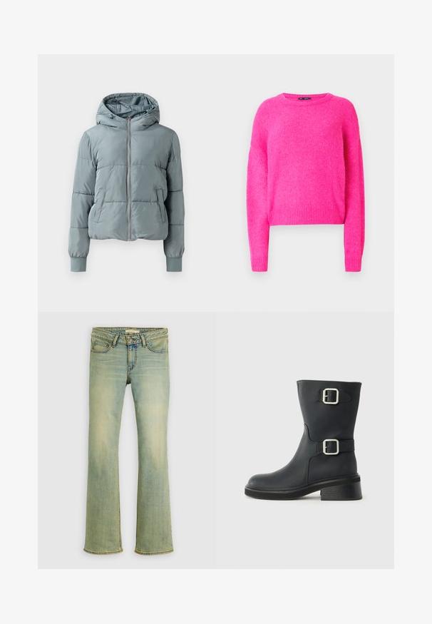 Lyseblå polstret hættejakke med fuld lynlås foran, to sidelommer og elastiske manchetter på ensfarvet baggrund.; Fuchsia strikket sweater med lange ærmer og rund halsudskæring. Blød tekstur, kort design med ribbet kant og manchetter.; Lyseblå denim flared jeans med en mellemhøj talje, fem lommer og diskret falming. Har syningsdetaljer nær lommerne.; Sorte læder ankelstøvler med to sølvspænder, en rund tå og en kraftig hæl. Teksturen er glat med en let glans.