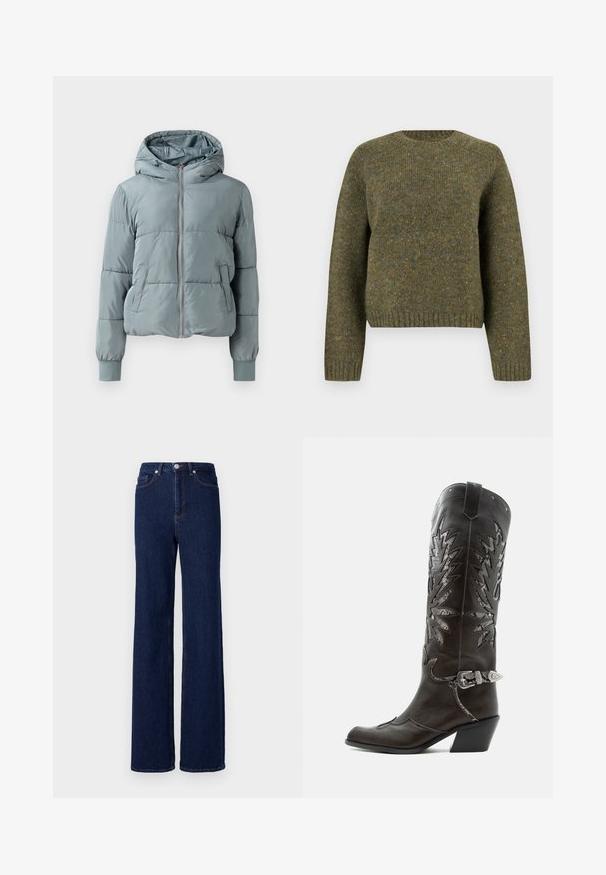 Hellblaue gesteppte Kapuzenjacke mit durchgehendem Frontreißverschluss, zwei Seitentaschen und elastischen Bündchen auf einfarbigem Hintergrund.; Grüner Wollpullover mit Rundhalsausschnitt, gerippten Bündchen und Saum, strukturiertem Stoff und einem leicht lockeren Schnitt.; Dunkelblaue Denim-Jeans mit hoher Taille, weitem Bein und klassischem Fünf-Taschen-Design. Abgerundet mit kontrastierenden Nähten und einem Metallknopf.; Schwarzer Leder-Cowboystiefel mit dekorativen Ausschnitten, silberner Schnalle und schräger Ferse, auf weißem Hintergrund dargestellt.