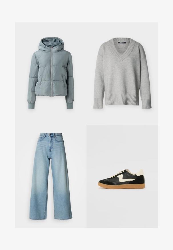 Hellblaue gesteppte Kapuzenjacke mit durchgehendem Frontreißverschluss, zwei Seitentaschen und elastischen Bündchen auf einfarbigem Hintergrund.; Hellgrauer Strickpullover mit V-Ausschnitt, gerippten Bündchen und Saum, vor einfachem weißem Hintergrund angezeigt.; Hellblaue, hoch taillierte Jeans mit weitem Bein aus Denim, mit Fünf-Taschen-Design und subtiler Färbung für Struktur.; Schwarze Wildleder- und Leder-Sneaker mit einem cremefarbenen Seiten-Swoosh und einer hellcremefarbenen Ferse. Ausgestattet mit beige Schnürsenkeln und einer Gummilaufsohle.