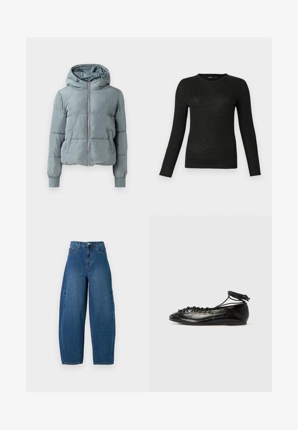 Lichtblauwe gewatteerde jas met capuchon, een volledige ritssluiting aan de voorkant, twee zijzakken en elastische boorden op een effen achtergrond.; Zwarte slim fit sweater met lange mouwen en ronde hals, met een gladde textuur, weergegeven op een effen lichtgrijze achtergrond.; Denim spijkerbroek in een medium blauwe wassingen, met een hoge taille, wijde broekspijpen en een standaard vijf-pocket ontwerp met zichtbare stikseldetails.; Zwarte ballerina's van lakleer met een afgeronde neus, veterdesign en een platte zool. Glad oppervlak met minimale details.