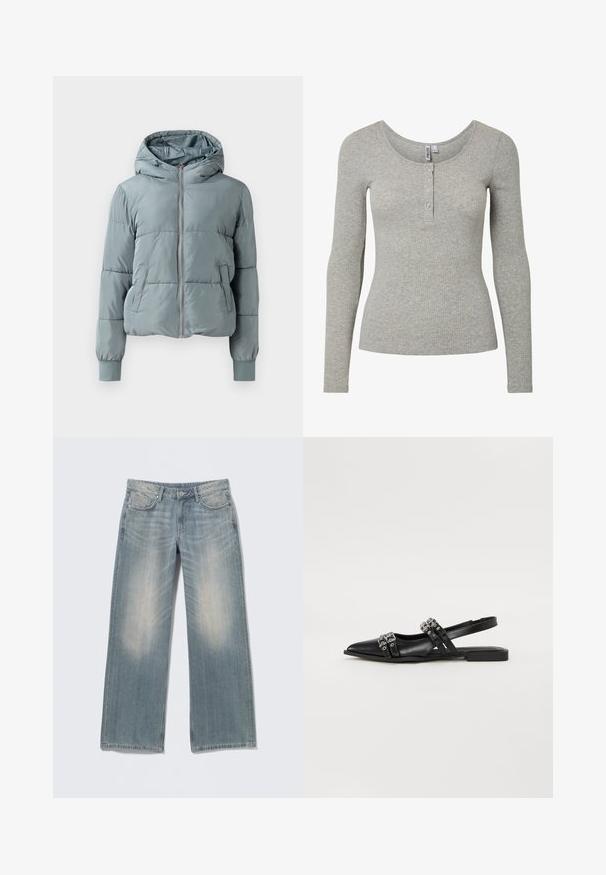 Chaqueta acolchada con capucha de color azul claro, con cremallera frontal completa, dos bolsillos laterales y puños elásticos sobre un fondo liso.; Top de manga larga en gris claro con textura acanalada, escote redondo y tapeta con cuatro botones, silueta ajustada y tejido de punto suave.; Vaqueros de pierna ancha en azul claro con acabado desgastado, hechos de mezclilla. Presentan trabillas para el cinturón, bolsillos frontales y cremallera con cierre de botón.; Even&Odd Bailarinas con tira trasera - black