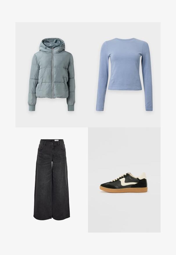 Chaqueta acolchada con capucha de color azul claro, con cremallera frontal completa, dos bolsillos laterales y puños elásticos sobre un fondo liso.; Camisa de manga larga azul claro hecha de suave algodón. Presenta un escote redondo y una silueta ajustada con una textura lisa.; Pantalones de mezclilla negros de pierna ancha con una cintura alta, bolsillos frontales y una textura sutil; diseñados para un ajuste relajado.; Zapatillas de deporte de ante y cuero negro con un swoosh lateral en crema y un talón en crema claro. Presenta cordones beige y una suela de goma marrón.