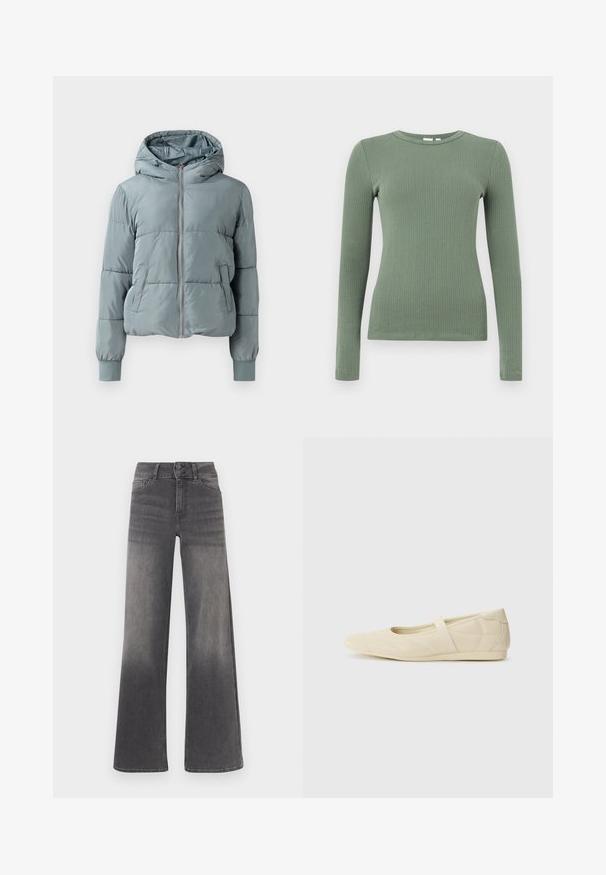 Lichtblauwe gewatteerde jas met capuchon, een volledige ritssluiting aan de voorkant, twee zijzakken en elastische boorden op een effen achtergrond.; Geribd gebreid shirt met lange mouwen en ronde hals in gedempte groene kleur met een aansluitend silhouet.; Grijze denim jeans met wijde pijpen, voorzien van een vervaagde afwerking, klassiek vijfzakkenontwerp, knoopsluiting en contrasterende stikdetails.; Beige ballerina's met een gladde leren buitenkant, amandelvormige punt en elastische band over de wreef, met subtiele stiksels.