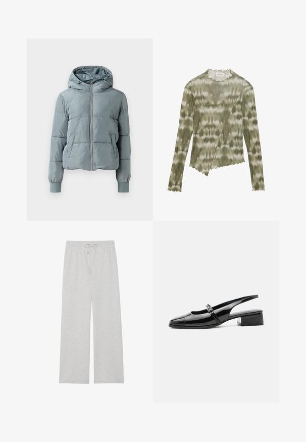 Chaqueta acolchada con capucha de color azul claro, con cremallera frontal completa, dos bolsillos laterales y puños elásticos sobre un fondo liso.; Top de manga larga, en verde de teñido anudado, con un escote y un dobladillo con forma de onda. Presenta una costura diagonal con acentos texturizados en una tela suave y ligera.; Pantalones de chándal gris claro en una suave mezcla de algodón, con un diseño de pierna ancha, cintura elástica con cordón ajustable y sin bolsillos.; Zapato slingback de charol negro con tacón bajo y grueso y una fina correa con hebilla de plata en la parte superior.