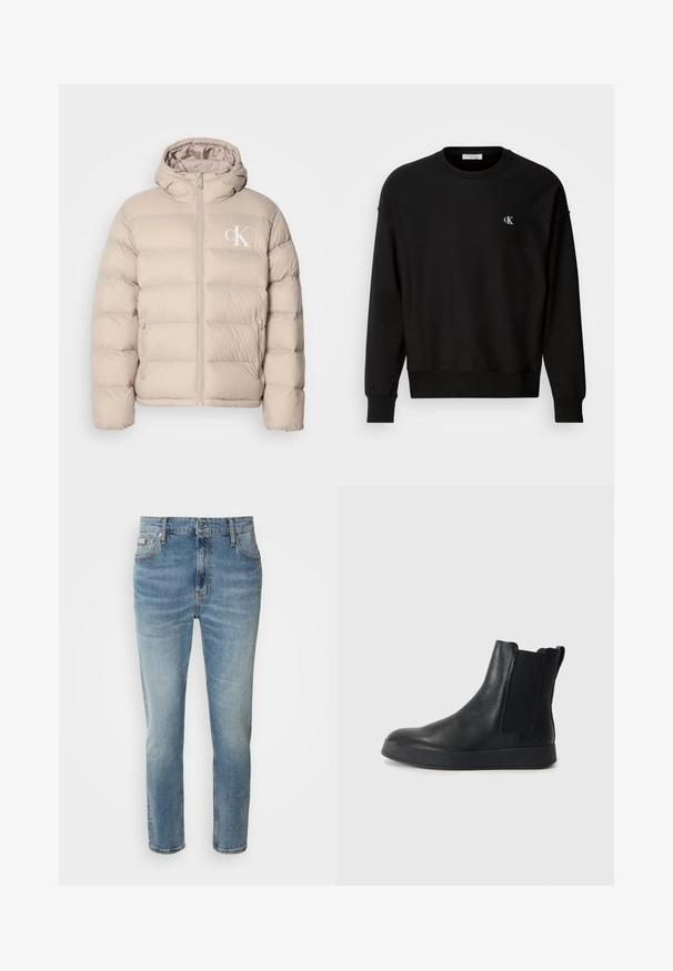 Chaqueta de plumón beige con capucha, con un diseño acolchado, cremallera central y un pequeño logo blanco en el lado izquierdo del pecho. Material suave y liso.; Sudadera negra de mezcla de algodón, con cuello redondo, hombros caídos y un pequeño logotipo 'CK' en blanco en el pecho.; Vaqueros de mezclilla azul claro con corte recto, cinco bolsillos y un ligero desgaste. Cuentan con un cierre de botón y cremallera, así como una cinturilla clásica.; Botas de tobillo de cuero negro con una superficie texturizada, paneles laterales elásticos y una suela de goma negra sólida. Diseñadas para facilitar el calce.