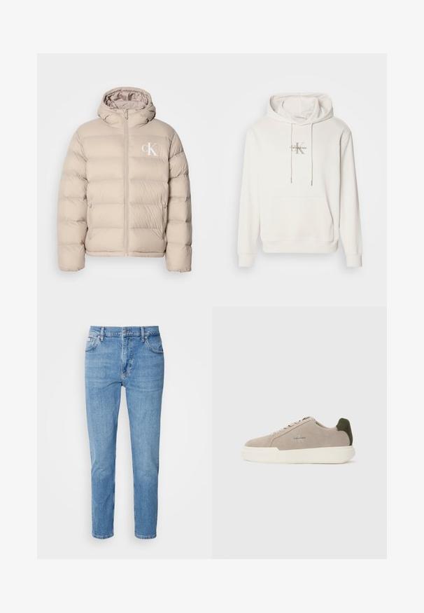 Beige pufferjack met een capuchon, voorzien van een gequilt ontwerp, centrale rits en een klein wit logo op de linkerkant van de borst. Zacht, glad materiaal.; Witte hoodie van zachte stof; voorzien van een voorkant met een kangoeroezak, geribbelde manchetten en een logo met "Calvin Klein" boven een gestileerde "K."; Lichtblauwe denim jeans met een rechte pasvorm, vijf zakken en subtiele vervaging. Voorzien van een knoopsluiting en riemlussen.; Beige suède sneakers met een witte rubberen zool, voorzien van een donkergroene hielaccent en subtiele branding aan de zijkant.