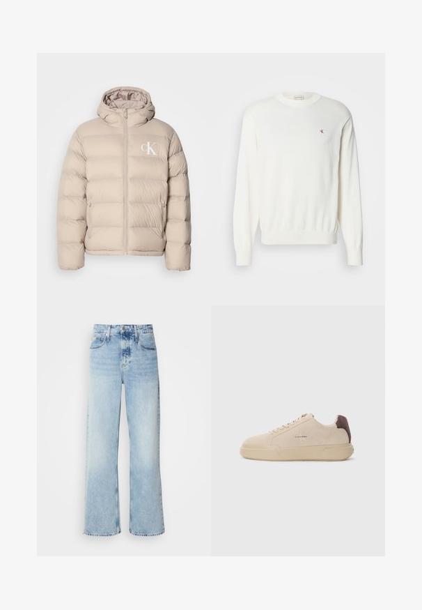 Veste matelassée beige avec capuche, présentant un design matelassé, une fermeture éclair centrale et un petit logo blanc sur la poitrine gauche. Matériau doux et lisse.; Pull en tricot blanc à manches longues, avec des bords côtelés aux poignets et à l'ourlet, comportant un petit logo rouge sur la poitrine. Texture douce, col rond.; Jean large bleu clair à taille haute, avec une finition délavée, des passants de ceinture et un design classique à cinq poches. L'ourlet est brut.; Baskets en daim beige avec un bout rond, lacets à l'avant et un accent en daim marron sur le talon. Dotées d'une semelle en caoutchouc texturé.