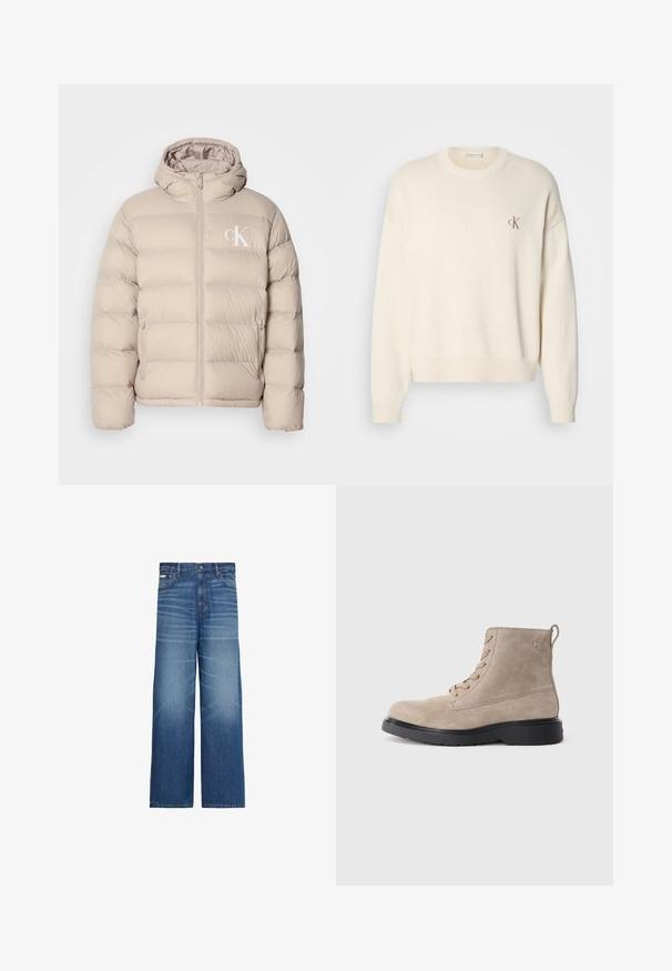 Beige pufferjack met een capuchon, voorzien van een gequilt ontwerp, centrale rits en een klein wit logo op de linkerkant van de borst. Zacht, glad materiaal.; Crème-kleurige gebreide trui met een geribbelde structuur, ronde halslijn en drop shoulders. Bevat een klein bruin geborduurd logo op de borst.; Blauwe wijde jeans met vervaagde details, vijf zakken en een knoopsluiting in de taille.; Beige suède enkellaarsjes met zwarte rubberen zool, vetersluiting en een klein logo dat aan de zijkant is gedrukt, voorzien van een trekloop aan de achterkant.