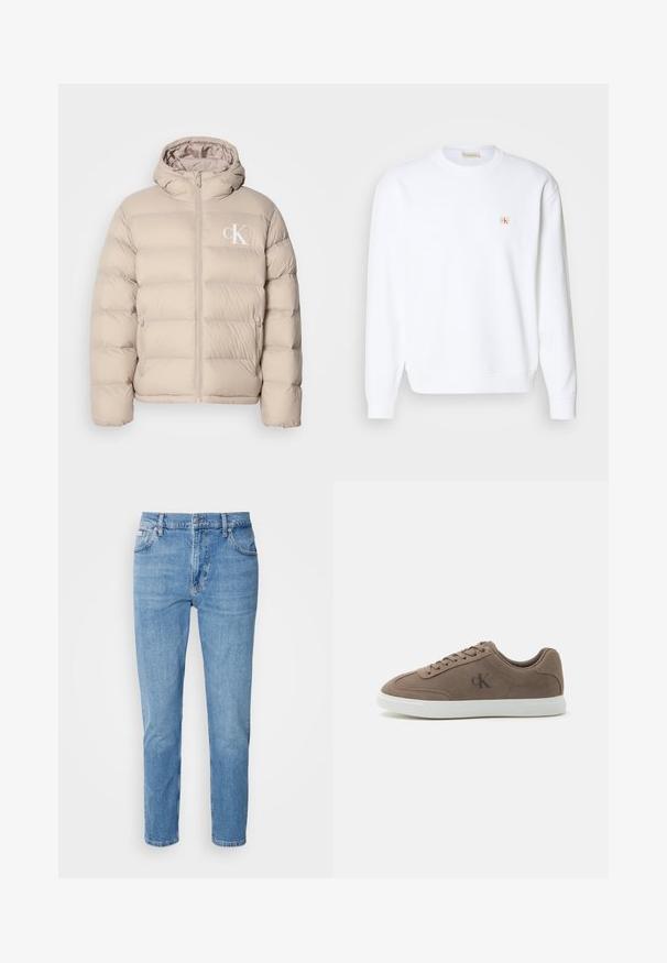 Beige pufferjakke med hætte, der har et quiltet design, central lynlås og et lille hvidt logo på venstre bryst. Blødt, glat materiale.; Hvid sweatshirt med lange ærmer, rund hals og ribbede manchetter. Har et lille logo i rød og beige på venstre brystområde. Glat tekstur.; Lys blå denim jeans med lige snit, fem-lomme design og subtilt slid. Har knaplukning og bæltestropper.; Taupe ruskind lavtop sneaker med beige snørebånd, hvid gummisål og subtil "cK" logo på siden.