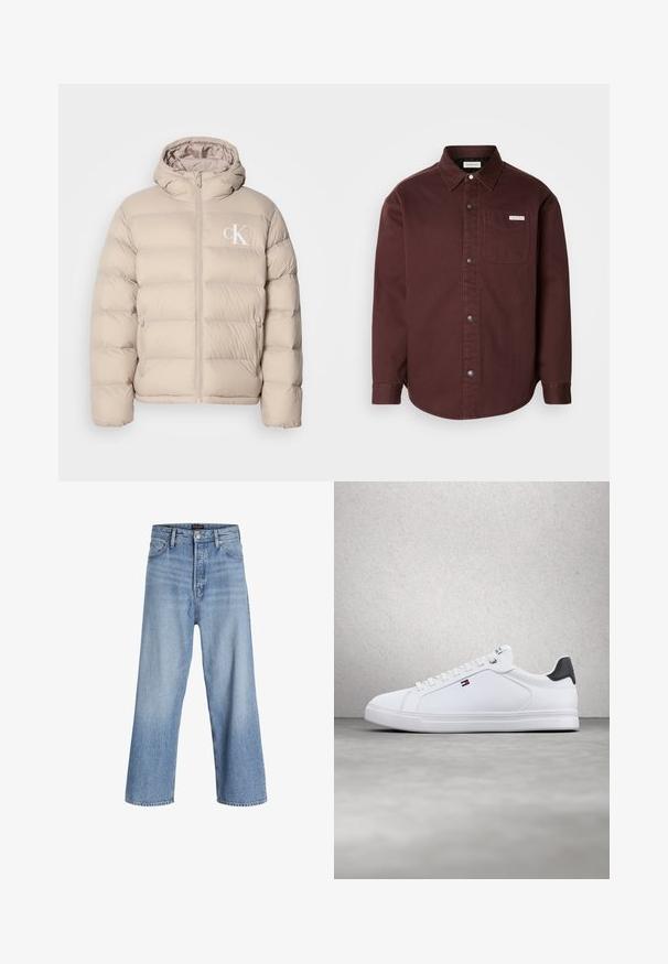 Chaqueta de plumón beige con capucha, con un diseño acolchado, cremallera central y un pequeño logo blanco en el lado izquierdo del pecho. Material suave y liso.; Camisa de botones color burdeos de tela de algodón, con cuello, mangas largas, un bolsillo en el pecho y una etiqueta de logo sutil en el bolsillo.; Jeans de mezclilla de color azul claro, de pierna ancha y cintura alta, con cierre de botones, diseño de cinco bolsillos y un ligero desvanecimiento. Con los dobladillos limpios.; Zapatilla blanca de Tommy Hilfiger con lengüeta trasera negra, cordones y pequeño logo de bandera en el lateral, mostrada frente a un fondo desenfocado de muro de bloques de vidrio.