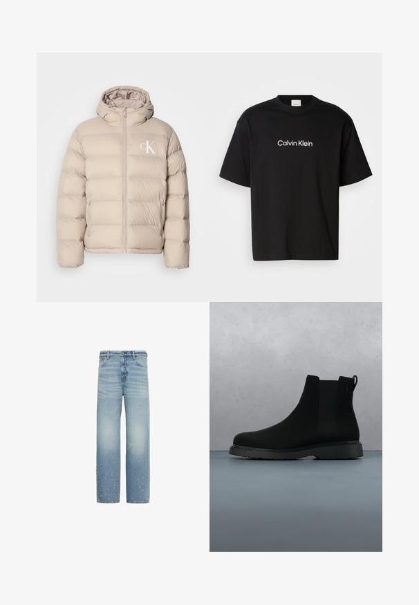 Beige pufferjakke med hætte, der har et quiltet design, central lynlås og et lille hvidt logo på venstre bryst. Blødt, glat materiale.; Sort bomulds T-shirt med korte ærmer, der har et hvidt "Calvin Klein" logo på fronten og en klassisk rund halsudskæring.; Lyseblå jeans med lige ben, med diskret falmning og små slidmærker nær den nederste kant på begge ben.; Sort ankelstøvle lavet af glat materiale med diskrete syninger, en gummisål og et strømlinet design, placeret over en overflade med træstruktur.