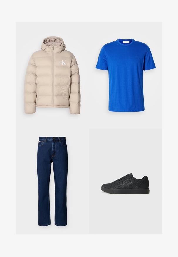 Beige pufferjakke med hætte, der har et quiltet design, central lynlås og et lille hvidt logo på venstre bryst. Blødt, glat materiale.; Blå crew-neck t-shirt lavet af bomuld, med korte ærmer og et diskret logo på brystet, vist på en hvid baggrund.; Mørkeblå jeans med lige ben lavet af denim, med et klassisk design med fem lommer, diskrete syninger og lukning foran med knapper.; Sorte sneakers med et struktureret diamantmønster på den laterale side, med en rund tå, flad sål og snørebåndslukning.