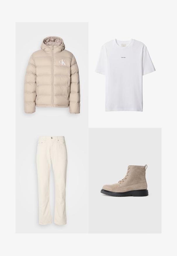 Veste matelassée beige avec capuche, présentant un design matelassé, une fermeture éclair centrale et un petit logo blanc sur la poitrine gauche. Matériau doux et lisse.; T-shirt blanc en coton avec un col rond et des manches courtes. Présente un petit logo noir "Calvin Klein" centré sur la poitrine.; Jeans en coton beige avec un design classique à jambe droite, comportant une fermeture à bouton à l'avant, cinq poches et des détails de couture subtils.; Bottines en daim beige avec semelle en caoutchouc noir, design à lacets, et un petit logo embossé sur le côté, avec une languette à l'arrière.