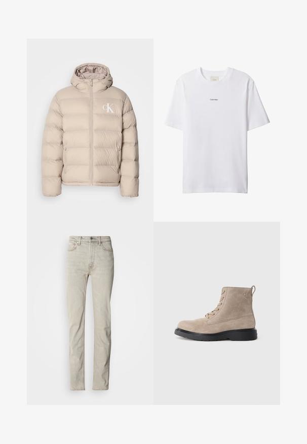 Chaqueta de plumón beige con capucha, con un diseño acolchado, cremallera central y un pequeño logo blanco en el lado izquierdo del pecho. Material suave y liso.; Camiseta blanca de algodón con cuello redondo y mangas cortas. Cuenta con un pequeño logo negro de "Calvin Klein" centrado en el pecho.; Vaqueros de mezclilla beige con diseño de pierna recta, estilo de cinco bolsillos y cierre de botón. Presentan una textura sutil y acentos mínimos de costura.; Botines de ante beige con suela de goma negra, diseño con cordones y un pequeño logotipo grabado en el lateral, que cuenta con una lengüeta en la parte posterior.