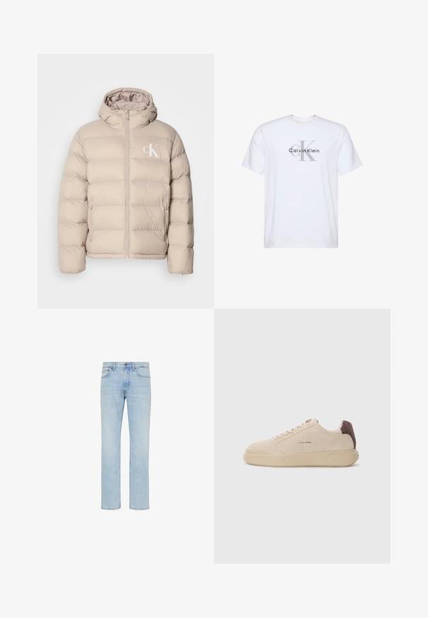 Beige pufferjakke med hætte, der har et quiltet design, central lynlås og et lille hvidt logo på venstre bryst. Blødt, glat materiale.; Hvid T-shirt med korte ærmer med gråt "ck" logo og "Calvin Klein" tekst trykt i sort på frontens midte.; Lyseblå straight-leg jeans i denim med forreste knap, lynlås og design med fem lommer vist på hvid baggrund.; Beige ruskind sneakers med rund tå, snørret foran og en brun ruskindsdetalje på hælen. Har en tekstureret gummisål.