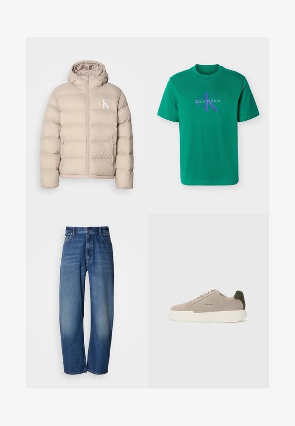 Beige pufferjack met een capuchon, voorzien van een gequilt ontwerp, centrale rits en een klein wit logo op de linkerkant van de borst. Zacht, glad materiaal.; Groen T-shirt met korte mouwen, blauwe "cK" en witte "Calvin Klein" logo's op de borst, met een ronde halslijn.; Wijde jeans van denim in een middelblauwe wassing. Voorzien van een ritsvlieger, vijf zakken en lichte vervaging voor een gedragen uitstraling. Klassieke stikdetails.; Beige suède sneakers met een witte rubberen zool, voorzien van een donkergroene hielaccent en subtiele branding aan de zijkant.