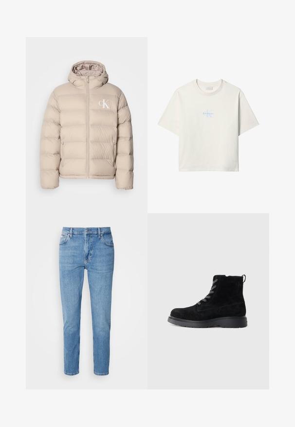 Beige pufferjakke med hætte, der har et quiltet design, central lynlås og et lille hvidt logo på venstre bryst. Blødt, glat materiale.; Hvid T-shirt med korte ærmer og lyseblåt Calvin Klein-logo centreret på brystet samt rund halsudskæring.; Lys blå denim jeans med lige snit, fem-lomme design og subtilt slid. Har knaplukning og bæltestropper.; Sorte suede ankelstøvler med en tekstureret overflade, rund tå, grå snørebånd og en robust sort sål. Har en lille løkke bagpå.