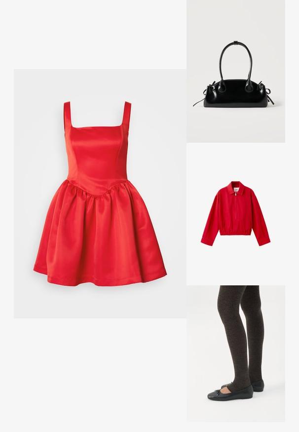 Veste rouge zippée avec col, manches longues, ourlet élastique et poches latérales.; Robe en satin rouge avec un décolleté carré, corsage ajusté et jupe évasée froncée. Texture lisse et sans embellissements visibles.; Jambes portant des leggings côtelés foncés associés à des ballerines noires avec de petits détails en nœud sur fond blanc.; Petit sac à main noir brillant avec deux longues anses et des détails à cordon sur les côtés sur un fond clair uni.