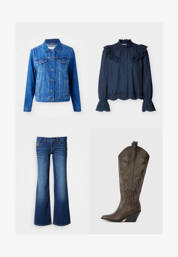 Blå denimjakke med krave, frontknaplukning, to brystlommer og sidelommer. Har kontrastsyninger og en let tætsiddende form.; Navyblå langærmet bluse med flæsekantet høj krave, broderede bølgede kanter samt flæser på skuldre og manchetter.; Bukser af blå jeans i mørkeblå med udvidede ben. Har klassisk design med fem lommer, knaplukning og kontrastsyning. Glat tekstur.; Brune læder cowboystøvle med spids tå, kilehæl og dekorativ broderi. Har en høj stok og en trækflap.