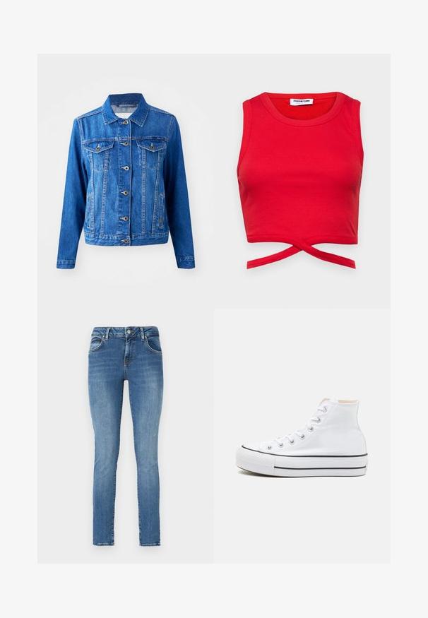 Blå denimjakke med krave, frontknaplukning, to brystlommer og sidelommer. Har kontrastsyninger og en let tætsiddende form.; Rød bomulds crop top med ribbet tekstur, ærmeløs design og en knyttet detalje foran for et tæt fit.; Smarte jeans i blå denim med en slidtagning, der har fem lommer, bæltestropper og en lynlås med knaplukning.; Hvide høj-top sneakers lavet af kanvasmateriale, sort gummisål og kontrasterende sort stribe på mellemsålen. Rund tåhætte og snørebåndsdesign.