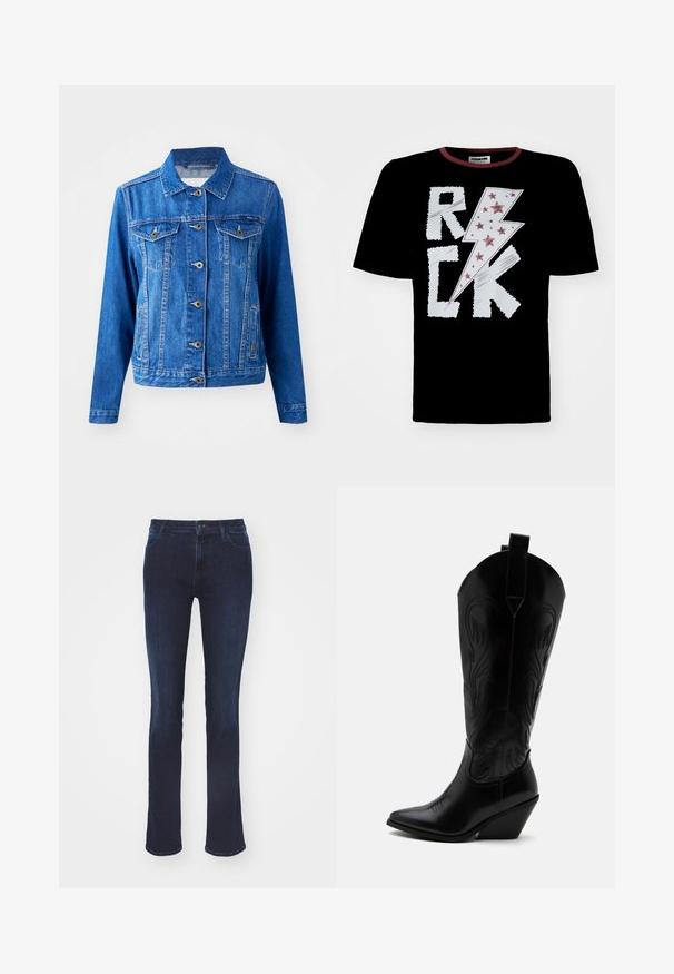 Veste en denim bleu avec un col, fermeture à boutons sur le devant, deux poches poitrine et poches latérales. Présente des coutures contrastées et une coupe légèrement ajustée.; T-shirt noir avec un design d'éclair blanc et rouge portant le texte "ROCK", orné d'étoiles rouges. Col rond avec bordure contrastante.; Jean en denim bleu foncé à coupe slim, texture lisse, design à jambes droites, style à cinq poches et fermeture à bouton à la taille.; Botte de cowboy en cuir noir avec bout pointu, talon bloc incliné, couture décorative et languettes en haut sur fond blanc.