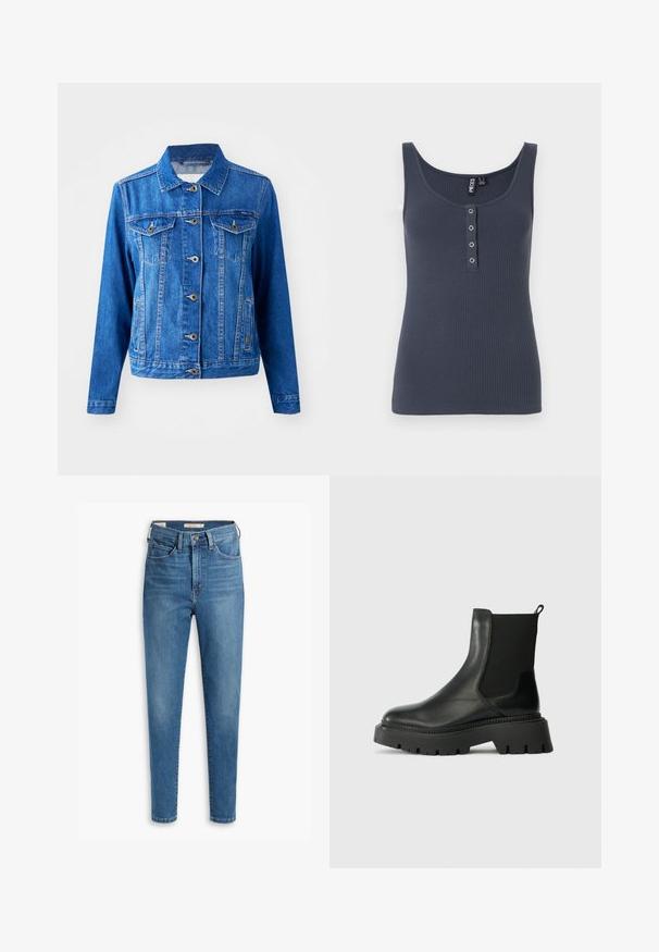 Blå denimjakke med krave, frontknaplukning, to brystlommer og sidelommer. Har kontrastsyninger og en let tætsiddende form.; Ærmeløs, ribstrikket mørkeblå tanktop med rund udskæring og fire små sølvknapper ned foran midt på.; Højtaljede blå jeans lavet af denim, med et klassisk fem-lomme design, syede detaljer og en slim fit med smalle ben.; Sort læder ankelstøvle med elastisk sidepanel, kraftig gummisål og pull-tab. Har en glat overflade og ribbede detaljer.