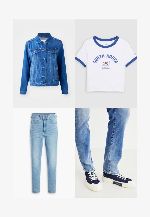 Blå denimjakke med krave, frontknaplukning, to brystlommer og sidelommer. Har kontrastsyninger og en let tætsiddende form.; Hvid T-shirt med korte ærmer med blå krave og manchetter med teksten "SOUTH KOREA", det sydkoreanske flag og Levi Strauss California-logoet.; Levi's® RETRO HIGH SKINNY DOUBLE BUTTON - Jeans Skinny Fit - straight out of levi's�; Marineblå lærreds sneakers med hvide gummisåler og snørebånd. Bemærkelsesværdige hvide striber på sålen og mønstrede detaljer ved hælen.