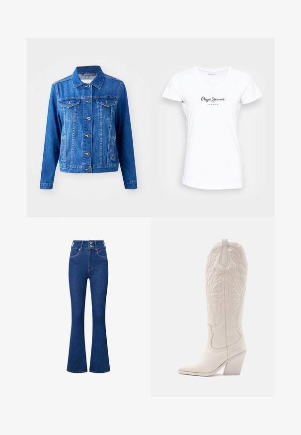 Blå denimjakke med krave, frontknaplukning, to brystlommer og sidelommer. Har kontrastsyninger og en let tætsiddende form.; Hvid kortærmet t-shirt lavet af bomuld, med rund halsudskæring og trykt "Pepe Jeans LONDON" logo i grå på brystet.; Højtaljede flared jeans i mørkeblåt denim. Har to-knaps lukning, forlommer og subtile syninger langs sømme.; Hvide læder cowboystøvler med spidse tæer og blokhæle. Har intrikate syninger på skaftet og en glat tekstur.