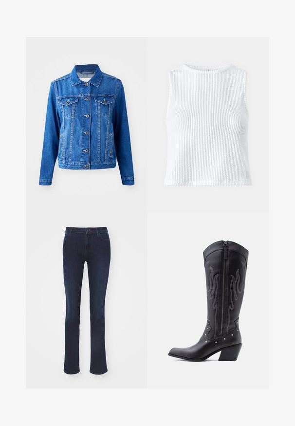 Blå denimjakke med krave, frontknaplukning, to brystlommer og sidelommer. Har kontrastsyninger og en let tætsiddende form.; Hvid ærmeløs top med et struktureret, ribbet stof. Har en rund halsudskæring og en tætsiddende pasform, med en ren og minimalistisk silhuet.; Slank pasform mørkeblå denimjeans med en glat tekstur, lige ben-design, fem-lomme stil og knaplukning i taljen.; Sorte cowboystøvler i læder med spids tå, synlige sømme, sølvfarvede nitte-detaljer og lynlås på den indvendige side.