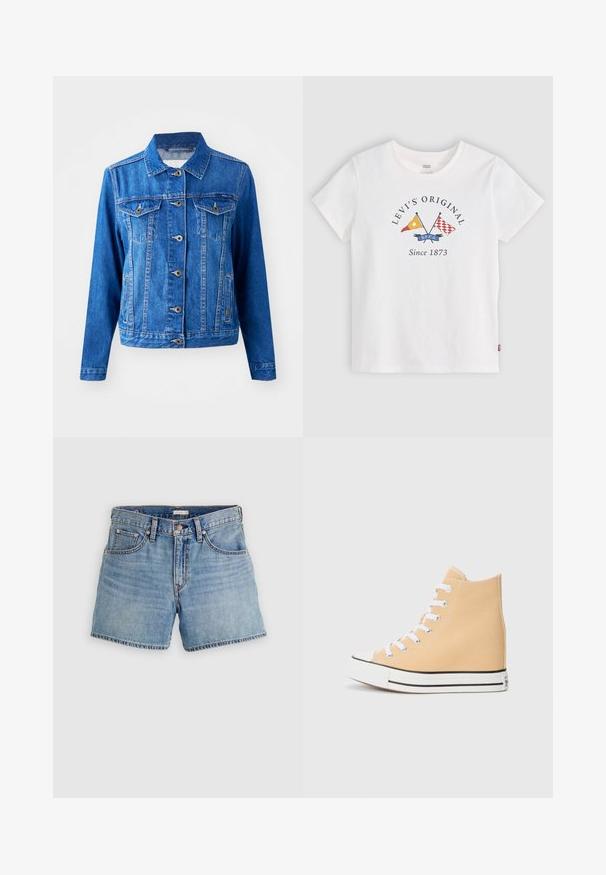 Veste en denim bleu avec un col, fermeture à boutons sur le devant, deux poches poitrine et poches latérales. Présente des coutures contrastées et une coupe légèrement ajustée.; T-shirt blanc à manches courtes Levi's avec des drapeaux jaunes et rouges croisés et le texte "Levi's Original Since 1873" au centre devant.; Shorts en denim bleu clair, taille haute, avec cinq poches, une braguette zippée et un ourlet brut. Coutures classiques et texture légèrement délavée.; Baskets montantes en toile pêche clair, avec lacets blancs, semelle en caoutchouc noire et capuchon classique. Présente des accents cousus et un col côtelé.