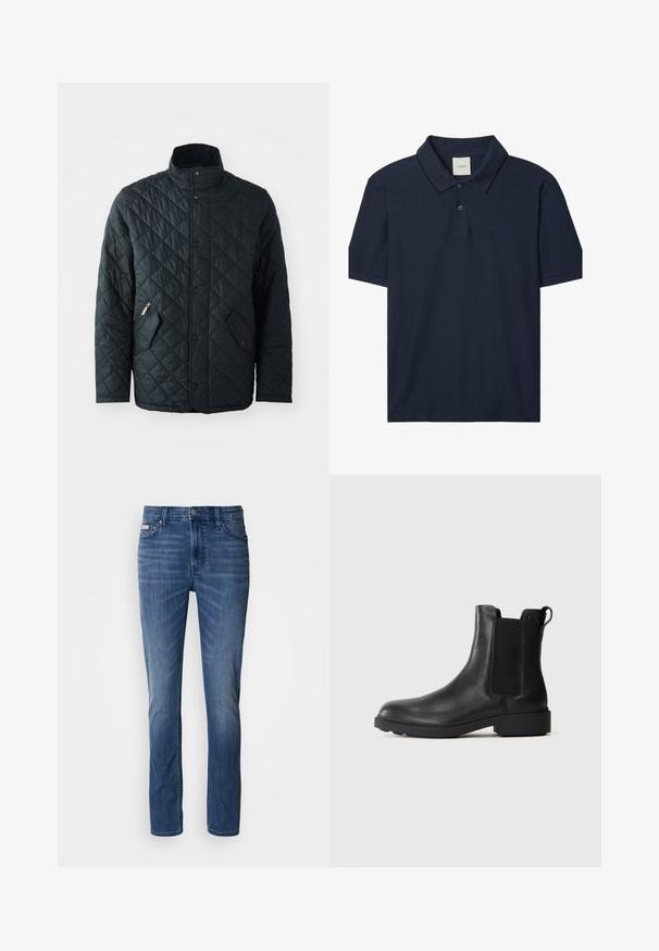 Veste noire matelassée avec col montant, dotée de boutons-pression à l'avant, de deux poches zippées diagonalement et d'un motif en losanges sur l'ensemble du tissu.; Polo bleu marine à manches courtes avec deux boutons, col côtelé avec fine bordure noire, et petit logo "ck" sur la poitrine gauche.; Jean en denim bleu délavé moyen, coupe droite, avec un style traditionnel à cinq poches, passants de ceinture et braguette à boutons.; Bottine noire en cuir avec des panneaux élastiques sur les côtés, une languette au talon, et un petit talon bloc sur fond uni.