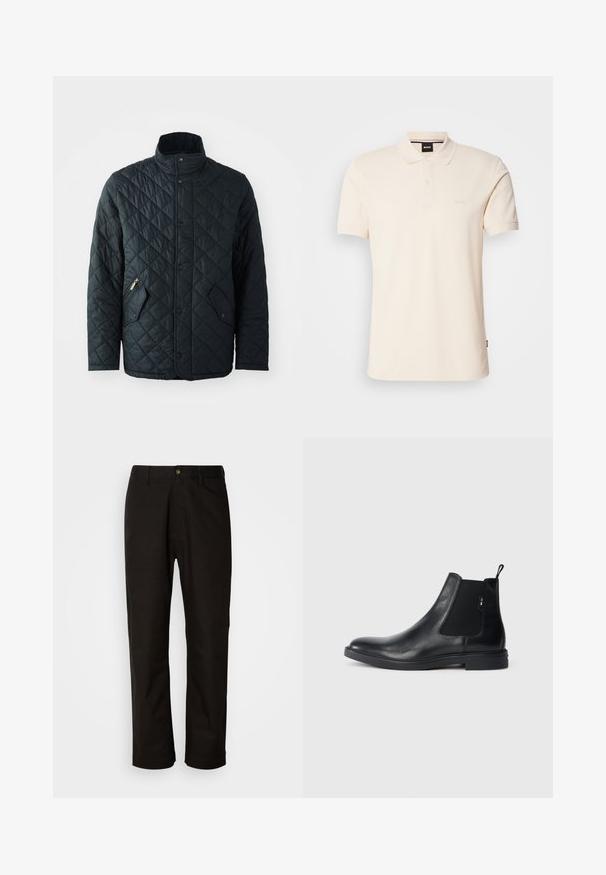 Veste noire matelassée avec col montant, dotée de boutons-pression à l'avant, de deux poches zippées diagonalement et d'un motif en losanges sur l'ensemble du tissu.; Polo beige en coton, avec col et patte de boutonnage à deux boutons. Logo "BOSS" brodé sur la poitrine, manches courtes, design simple.; Pantalon en coton noir avec une coupe droite, des passants de ceinture, une fermeture éclair à l'avant et un seul bouton. Texture lisse sans motifs visibles.; Bottines Chelsea en cuir noir avec des panneaux élastiques sur les côtés, une languette arrière et une semelle en caoutchouc plate. Texture lisse avec un minimum de détails.