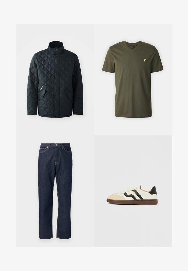 Gepolsterte schwarze Jacke mit Stehkragen, ausgestattet mit vorderen Druckknöpfen, zwei schrägen Reißverschlusstaschen und einem Rautenmuster im gesamten Stoff.; Lyle & Scott V NECK - T-Shirt basic - olive; Dunkelblaue Denimjeans mit geradem Bein-Design. Verfügt über einen Knopf- und Reißverschluss, fünf Taschen und Kontrastnähte.; Weißer Ledersneaker mit schwarzen Streifen und hellbraunem Wildleder-Zehenkappe. Gummisohle in Dunkelbraun. Schnürsenkel und gepolsterter Kragen vervollständigen das Design.