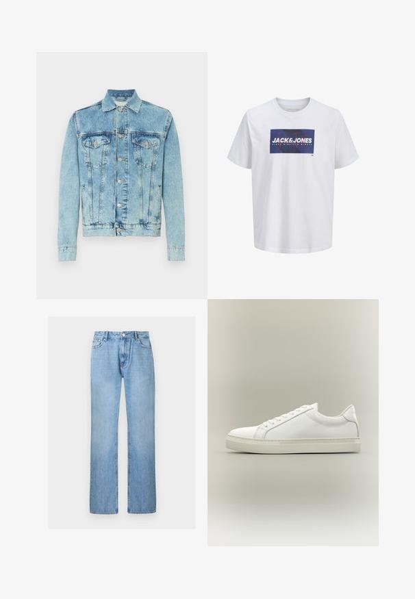 Veste en denim bleu clair avec fermeture à boutons, poches à rabat sur la poitrine, poches latérales et col classique, présentée sur fond blanc.; T-shirt blanc à manches courtes avec un logo rectangulaire bleu sur la poitrine portant l'inscription "JACK & JONES" et "SINCE NINETEEN NINETY".; Jean droit en denim bleu clair avec bouton à l'avant et poches, présenté sur un fond blanc uni.; Baskets blanches basses à lacets sur l’avant et semelle épaisse, vues de côté sur un fond neutre.