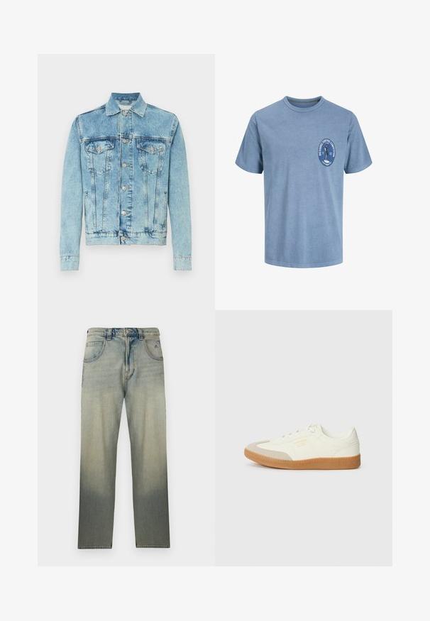Veste en denim bleu clair avec fermeture à boutons, poches à rabat sur la poitrine, poches latérales et col classique, présentée sur fond blanc.; T-shirt bleu clair à manches courtes avec un petit logo sur la poitrine représentant un surfeur et texte indiquant "Big Barrel Surfing Competition, Local Members Only.".; Jean en denim délavé à jambe droite avec cinq poches, fermeture par bouton, et détails de couture subtils près des poches avant.; Baskets en cuir blanc avec une coque beige et une semelle en caoutchouc marron clair. Dotées de lacets blancs plats et d'un logo embossé sur le côté.