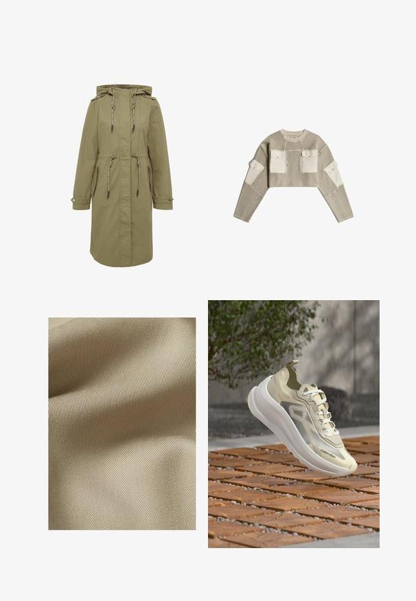 Olivgrüner Parka mit Kapuze und Zugbändern, ausgestattet mit zwei Seitentaschen, geknöpften Manschetten und einer taillierten Silhouette für eine verstellbare Passform.; Gekürzter beiger Strickpullover mit cremefarbenen Stoffflicken auf Brusttaschen und oberen Ärmeln, mit Reißverschlüssen und Knöpfen.; Beiger, strukturiertes Gewebe mit feinem, geripptem Muster. Das Material wirkt glatt mit einem subtilen Glanz und fällt sanft in Falten.; Beige-weißer Calvin Klein Sneaker, der über einem Boden aus Holzkacheln im Freien schwebt, mit grüner Vegetation und einer unscharfen Wand im Hintergrund.