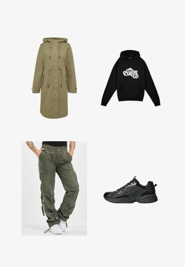 Olivgrüner Parka mit Kapuze und Zugbändern, ausgestattet mit zwei Seitentaschen, geknöpften Manschetten und einer taillierten Silhouette für eine verstellbare Passform.; Pegador PALUMA OVERSIZED HOODIE - Sweatshirt - black; Olivgrüne Cargo-Hosen mit mehreren Taschen, Kordelzugbund und lockerer Passform. Der Stoff hat eine weiche Textur und wirkt robust und langlebig.; Schwarze Sportschuhe mit einem Design aus verschiedenen Materialien, einschließlich Wildleder und Mesh, strukturierten Akzenten, gepolstertem Kragen und einer langlebigen Gummi-Sohle.