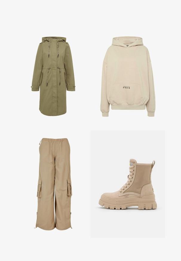 Olivgrüner Parka mit Kapuze und Zugbändern, ausgestattet mit zwei Seitentaschen, geknöpften Manschetten und einer taillierten Silhouette für eine verstellbare Passform.; Beiger Hoodie mit Fronttasche, gerippten Bündchen und Kordelzugkapuze. "PECADOR PGDR" Schriftzug auf dem Taschenbereich.; Beige Cargo-Shorts mit elastischem Bund, zwei Seitentaschen und Mesh-Akzenten; aus leichtem, strukturierte Stoff gefertigt.; Beiger Schnürstiefel bis zum Knöchel mit dicker profilierter Sohle und strukturiertem Seitenpaneel, zeigt Markenetikett und Zuglasche hinten.