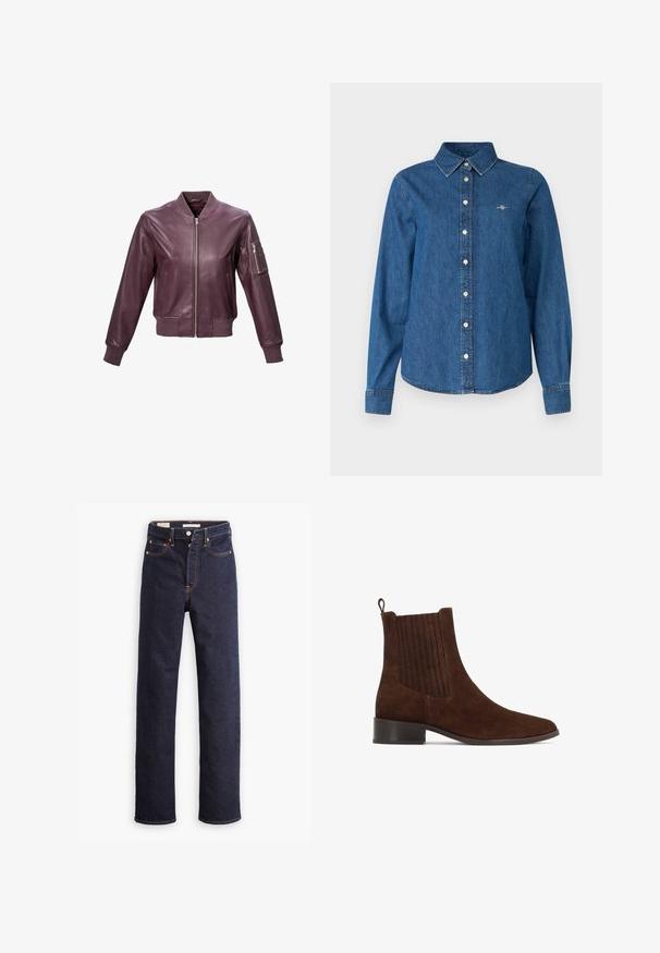 Bourgondische leren bomberjack met een geribde kraag en manchetten, rits aan de voorkant en een armzak met een rits voor extra detail.; GANT REG - Overhemdblouse - indigo; Donkerblauwe straight-leg denim jeans met vijf zakken en zichtbare oranje stiksels op een witte achtergrond.; Bruine suède enkelboot met een spitse neus, elastische zijpanelen en een lage, vierkante hak. Voorzien van een achterste lus voor gemakkelijk aan- en uittrekken.