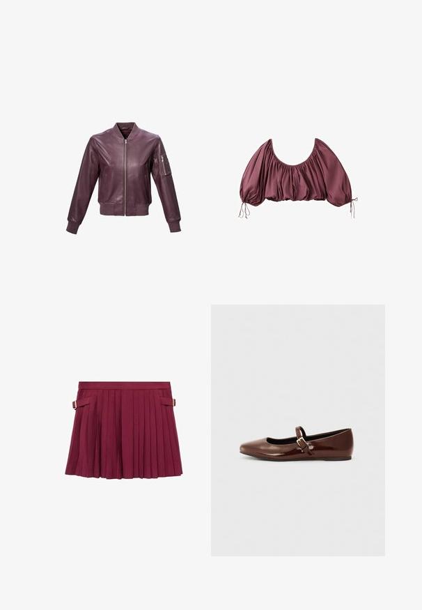 Bourgondische leren bomberjack met een geribde kraag en manchetten, rits aan de voorkant en een armzak met een rits voor extra detail.; Gecropte, off-shoulder blouse in diep mauve met geplooide stof en elastische pofmouwen, gestrikt aan de polsen.; Bordeaux plissérok met een vlakke tailleband, voorzien van zijgespen en een gladde textuur, ontworpen met verticale plooien voor een vloeiende uitstraling.; Bruine gepatineerde leren balletschoen met een vierkante neus en een bandje met een kleine gouden gesp. Gladde textuur, lage hak en minimalistisch ontwerp.