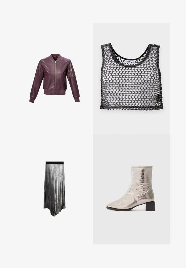 Bourgondische leren bomberjack met een geribde kraag en manchetten, rits aan de voorkant en een armzak met een rits voor extra detail.; Zwarte mouwloze crop top met brede mesh-netstructuur en gegolfde randen, plat neergelegd met de voorkant en binnenlabels zichtbaar.; Metallic geplooide midirok met asymmetrische zoom en zwarte elastische tailleband.; Metalen zilveren enkelboot met een puntige neus en blokhak. Gladde textuur, slank ontwerp en minimalistische stikdetails.