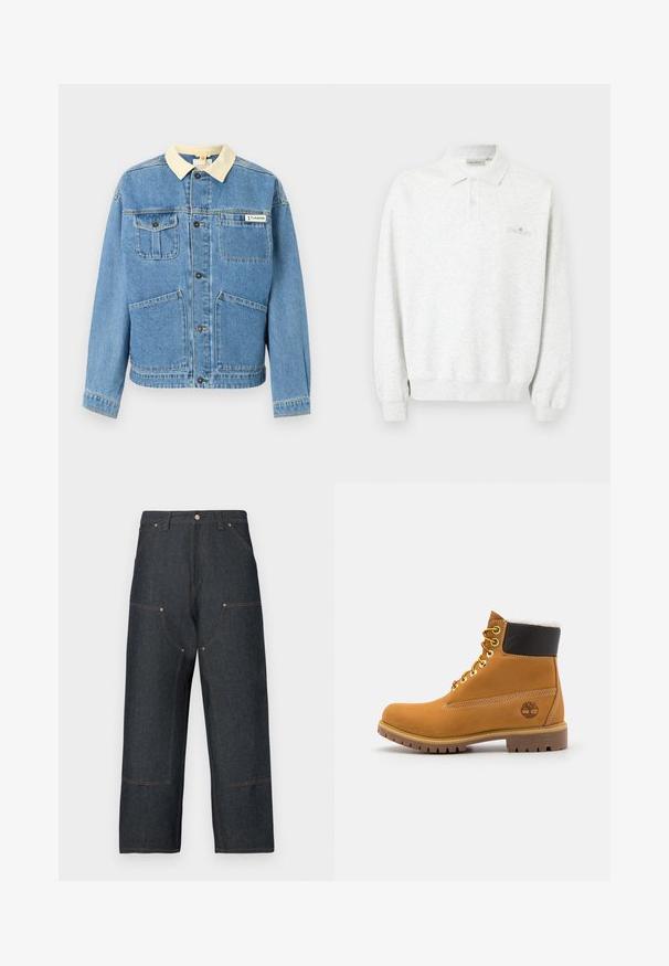 Veste en denim bleu clair avec col beige, boutons noirs, quatre poches frontales et un logo Columbia sur la poche poitrine supérieure droite.; Polo blanc à manches longues avec deux boutons et poignets côtelés, arborant un logo brodé subtil sur la poitrine.; Jean en denim bleu foncé avec une coupe à jambes larges, présentant des coutures contrastantes orange, des poches avant et une fermeture classique par bouton.; Bottine en cuir brun avec œillets en métal, doublure en fourrure blanche, col rembourré noir, semelle robuste et logo en relief sur le côté.