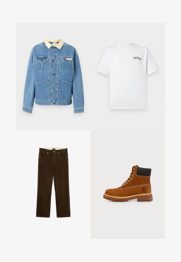 Veste en denim bleu clair avec col beige, boutons noirs, quatre poches frontales et un logo Columbia sur la poche poitrine supérieure droite.; T-shirt en coton blanc à manches courtes et col rond. Présente un logo "DICKIES" vert brodé sur la zone gauche de la poitrine.; Pantalon en velours côtelé marron avec jambes droites, poches avant, fermeture par bouton et zip, marqué Wrangler sur l'étiquette de la ceinture.; Bottine en cuir marron avec col rembourré noir, œillets dorés, semelle épaisse à crampons et logo Timberland sur le côté du talon.