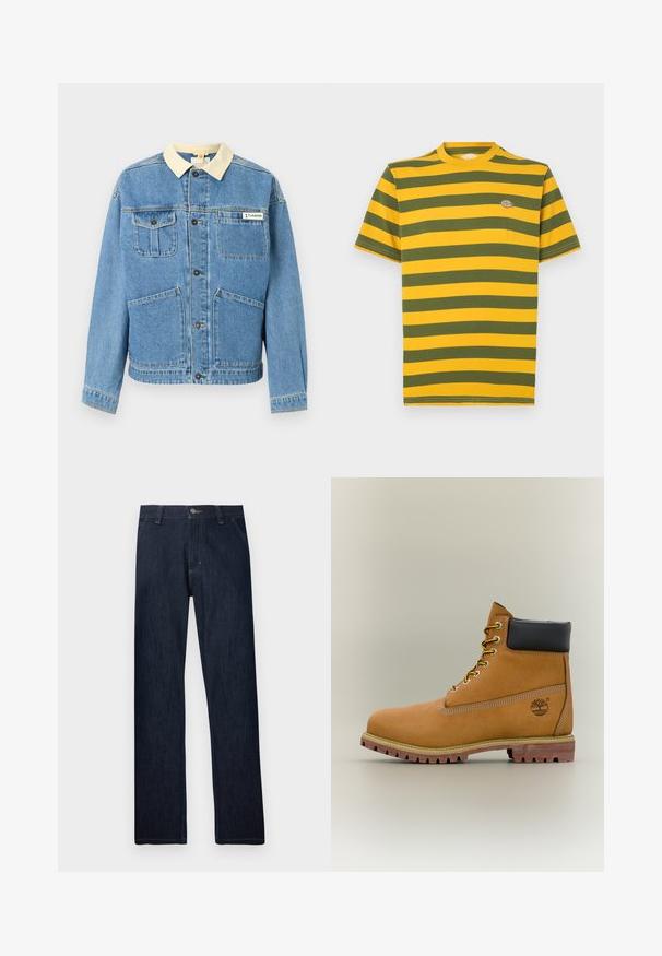 Veste en denim bleu clair avec col beige, boutons noirs, quatre poches frontales et un logo Columbia sur la poche poitrine supérieure droite.; T-shirt à manches courtes à rayures horizontales jaunes et vertes, avec un col rond et un petit logo sur la poitrine. Matière en coton.; Jean denim bleu foncé à coupe droite, avec bouton à l'avant, braguette zippée, passants pour ceinture et poches latérales, présenté sur un fond blanc.; Bottine en cuir marron avec col noir, lacets jaunes et semelle beige. Présente un logo et des détails de couture blanche. Semelle extérieure à traction robuste.