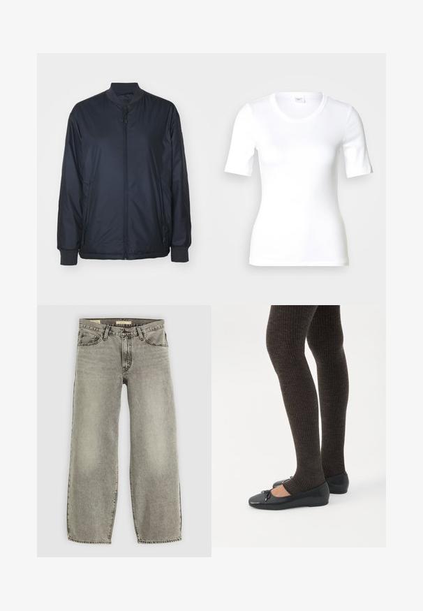 Veste de pilote de l'armée de mer en tissu léger et lisse ; dotée d'une fermeture éclair à l'avant, de poches latérales et de poignets et col côtelés. Pas de motifs.; T-shirt blanc à manches courtes en coton lisse, doté d'un col rond et d'une coupe ajustée. Design classique, sans motifs ni accents.; Jean large en denim gris clair. Il présente un style traditionnel à cinq poches et un léger délavage sur l'ensemble du tissu.; Jambes portant des leggings côtelés foncés associés à des ballerines noires avec de petits détails en nœud sur fond blanc.