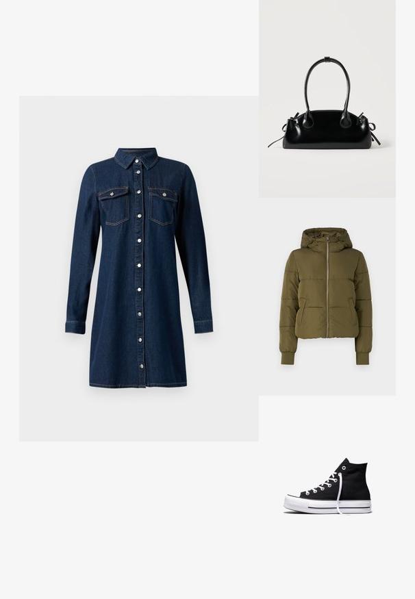 Chaqueta acolchada verde oliva con capucha, cremallera frontal y bolsillos laterales. Presenta puños acanalados y un diseño corto con costuras horizontales.; Vestido de camisa de manga larga de mezclilla azul oscuro con cuello, botones a presión plateados en la parte delantera y dos bolsillos en el pecho con solapa y botones a presión.; Zapatilla alta de lona negra con suela de goma blanca y cordones blancos, vista de lado sobre un fondo blanco.; Pequeño bolso negro brillante con dos asas largas y detalles de cordón lateral sobre un fondo claro liso.