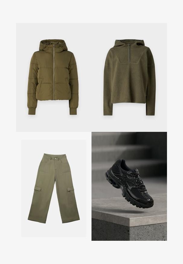 Olivgrüne gepolsterte Jacke mit Kapuze, Frontreißverschluss und seitlichen Taschen. Verfügt über gerippte Bündchen und ein verkürztes Design mit horizontalen Nähten.; Olivgrüner Fleece-Pullover mit Kapuze, halbem Reißverschluss vorne, strukturiertem Stoff und kontrastierenden Besätzen am Saum und den Bündchen.; Olivgrüne Cargo-Hosen mit hoher Taille, weitem Bein und zwei großen Seitentaschen. Hergestellt aus glattem Stoff mit einem Knopfverschluss.; Schwarzer Nike Laufschuh mit Mesh- und Synthetik-Obermaterial, der über einer Betonfläche und Treppen im Hintergrund schwebt.