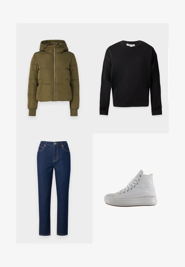 Chaqueta acolchada verde oliva con capucha, cremallera frontal y bolsillos laterales. Presenta puños acanalados y un diseño corto con costuras horizontales.; Sudadera negra de manga larga con cuello redondo, puños y dobladillo acanalados, mostrada sobre un fondo liso y claro.; Jeans de denim azul oscuro con un corte recto, que presentan una cremallera, cierre de botón y costuras decorativas en los bolsillos y costuras.; Zapatilla de lona blanca de caña alta con cordones blancos, ojales metálicos, suela gruesa de goma y puntera texturizada, mirando hacia la izquierda sobre un fondo blanco.