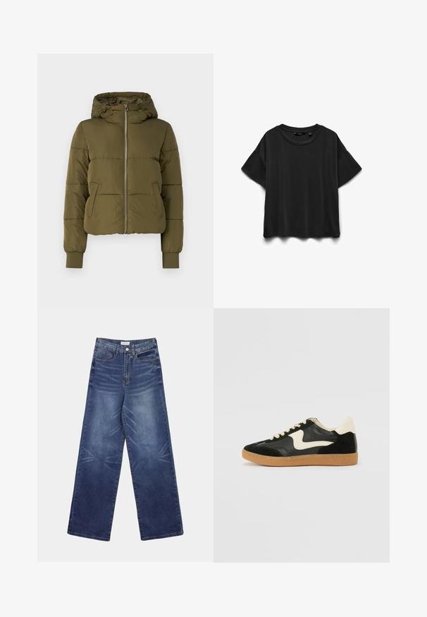 Olivgrüne gepolsterte Jacke mit Kapuze, Frontreißverschluss und seitlichen Taschen. Verfügt über gerippte Bündchen und ein verkürztes Design mit horizontalen Nähten.; Schwarzes kurzärmeliges Baumwoll-T-Shirt mit rundem Ausschnitt, flach auf weißem Hintergrund liegend dargestellt.; Weit geschnittene Jeans aus dunkelblauem Denim mit hoher Taille, auffälligen Verwaschungen auf der Vorderseite und klassischem Fünf-Taschen-Design.; Schwarze Wildleder- und Leder-Sneaker mit einem cremefarbenen Seiten-Swoosh und einer hellcremefarbenen Ferse. Ausgestattet mit beige Schnürsenkeln und einer Gummilaufsohle.
